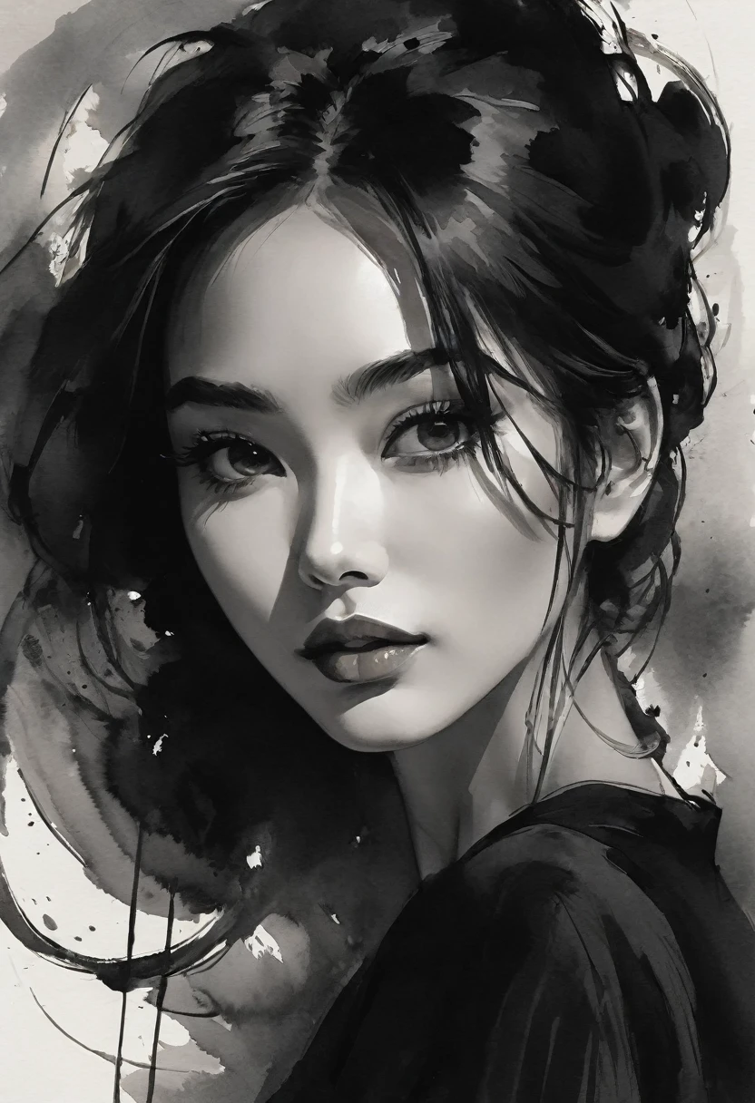 Ink Beauty Portrait，black and white，Smooth lines，Expressive eyes，Delicate lips，Ink flow comparison，Emphasis on expression，Light and shadow contrast，Subtle background，Simple composition，Lighting and the atmosphere of the space，Black ink brush strokes，Implicit Emotion，Beautiful posture，Positive emotions，Attractive appearance，Subtle Gradient，Skilled ink painting。