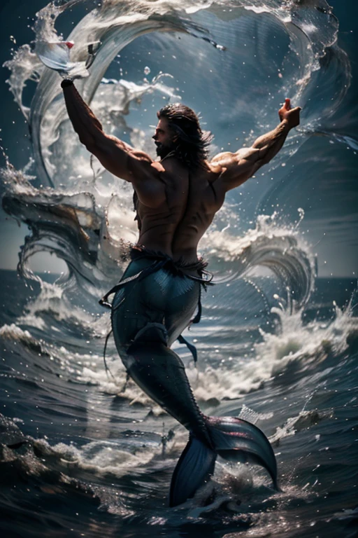 Muscle male mermaid, merman, muscles, male bodybuilder, male body, back, handsome face, blue mermaid tails, beard, black longhair, jumping from water, water twister, rocks, wallpaper