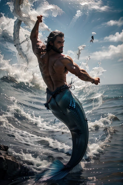 Muscle male mermaid, merman, muscles, male bodybuilder, male body, back, handsome face, blue mermaid tails, beard, black longhair, jumping from water, water twister, rocks, wallpaper