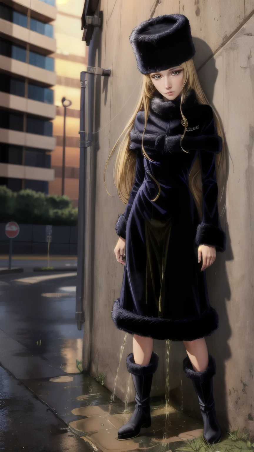 best quality, masterpiece, high resolution, extremely detailed, intricate details, (frontal photography, view from below), looking at the camera,
solo, a beautiful woman, (maetel, long hair, blonde hair, fur-trim, black-headwear, fur-hat, long-sleeves dress, black heel boots:1.5),
detailed face, detailed eyes, sophisticated nose, fine-textured skin, pale skin,
(standing with spread legs apart, leaning against wall), (peeing self, urination:1.5),(pee puddle),
photo background, outdoors, sidewalk, night,