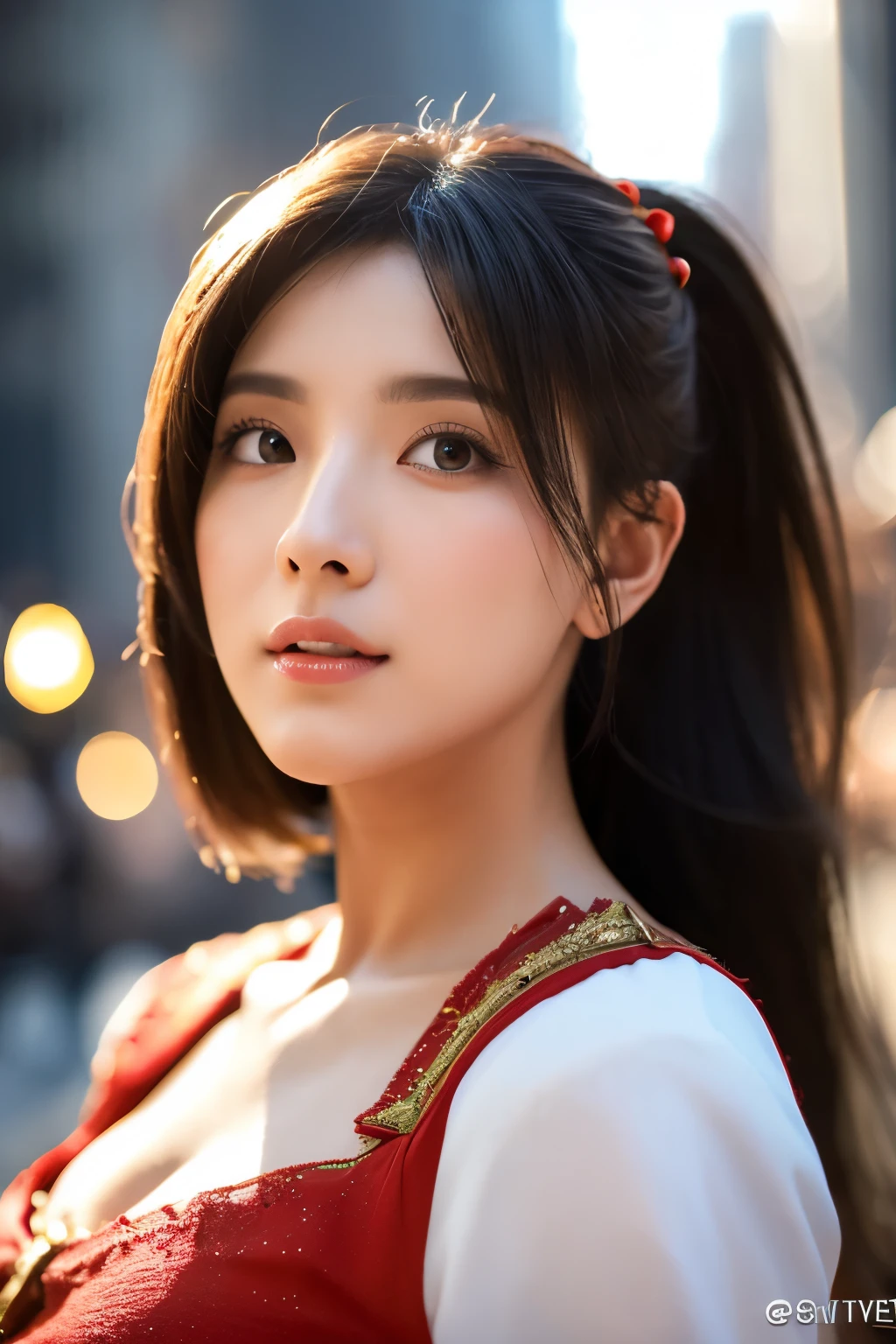((top-quality)), ((masterpiece)), (ighly detailed:1.3), 3D, shitu-mecha, Beautiful woman in the city celebrating christmas, The woman is Santa Claus、Ancient Technology, HDR(HighDynamicRange), Ray tracing, NVIDIA RTX, Hyper-Resolution, Unreal 5, sub-surface Scattering, PBR Texture, post processed, Anisotropy Filtering, depth of fields, Maximum sharpness and sharpness, Multilayer Texture, Albedo and highlight map, Surface Shading、accurate simulation of light and material interactions、perfectly proportions、octan render、Duotone lighting、Low ISO、White Balance、thirds rule、Wide aperture、8K RAW、Efficient Subpixel、sub-pixel convolution、Luminescent particles、light scattering、Tindall Effect