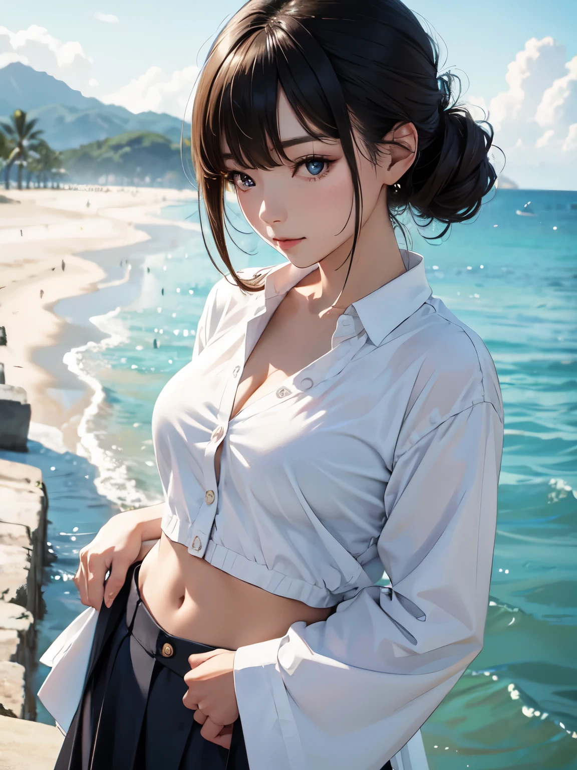 ((top quality, 8 K, masterpiece: 1.3)), 1 girl, Pretty japanese woman, which emphasizes slim abs: 1.3, (casual hairstyle, standard breast: 1.2), uniform: 1.2, 1 boil, Pretty japanese woman, which emphasizes slim abs. No.: 1.4, (casual hairstyle, standard breast: 1.2), uniform: 1.2, beach, super detailed face, detailed eyes, double eyelid