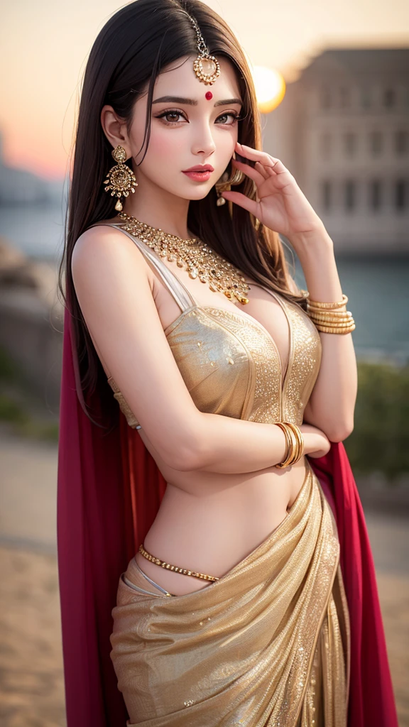 hot beautiful woman, big heavy jhumka earrings, detailed face, detailed eyes, detailed lips, intricate jewelry, sensual pose, sunset lighting, vibrant colors, cinematic lighting, photorealistic, 8k, high quality, masterpiece,big ight black blouse, white saree, indian nose ring,nath