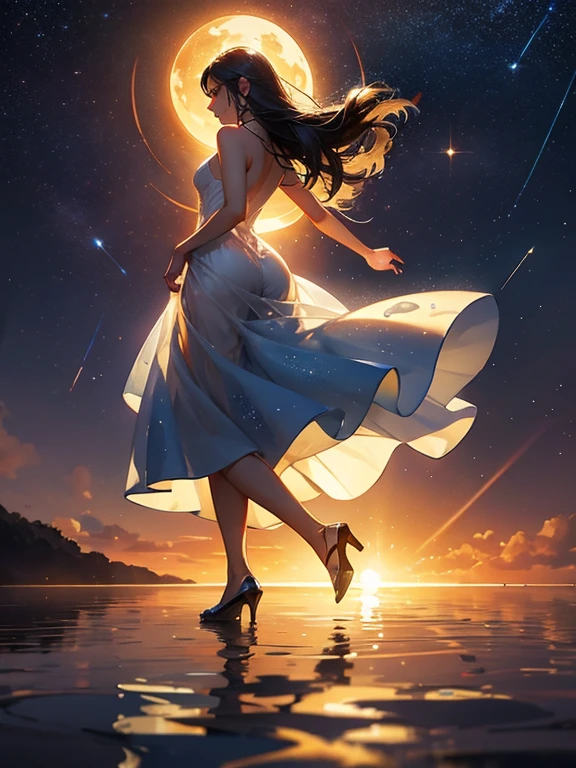 (transparent woman), shadow art, fusion art, silhouette art, masterpiece, woman’s shadow reflected on transparent and translucent dress, The woman's body is so transparent that you can see through to the other side, evening sunset, bright starry sky, light leaks, Sunset reflected on the water surface, transparent shadow standing on water surface, scene of a sunset with stars and planets, Waveless lake, Water droplets floating in the air,