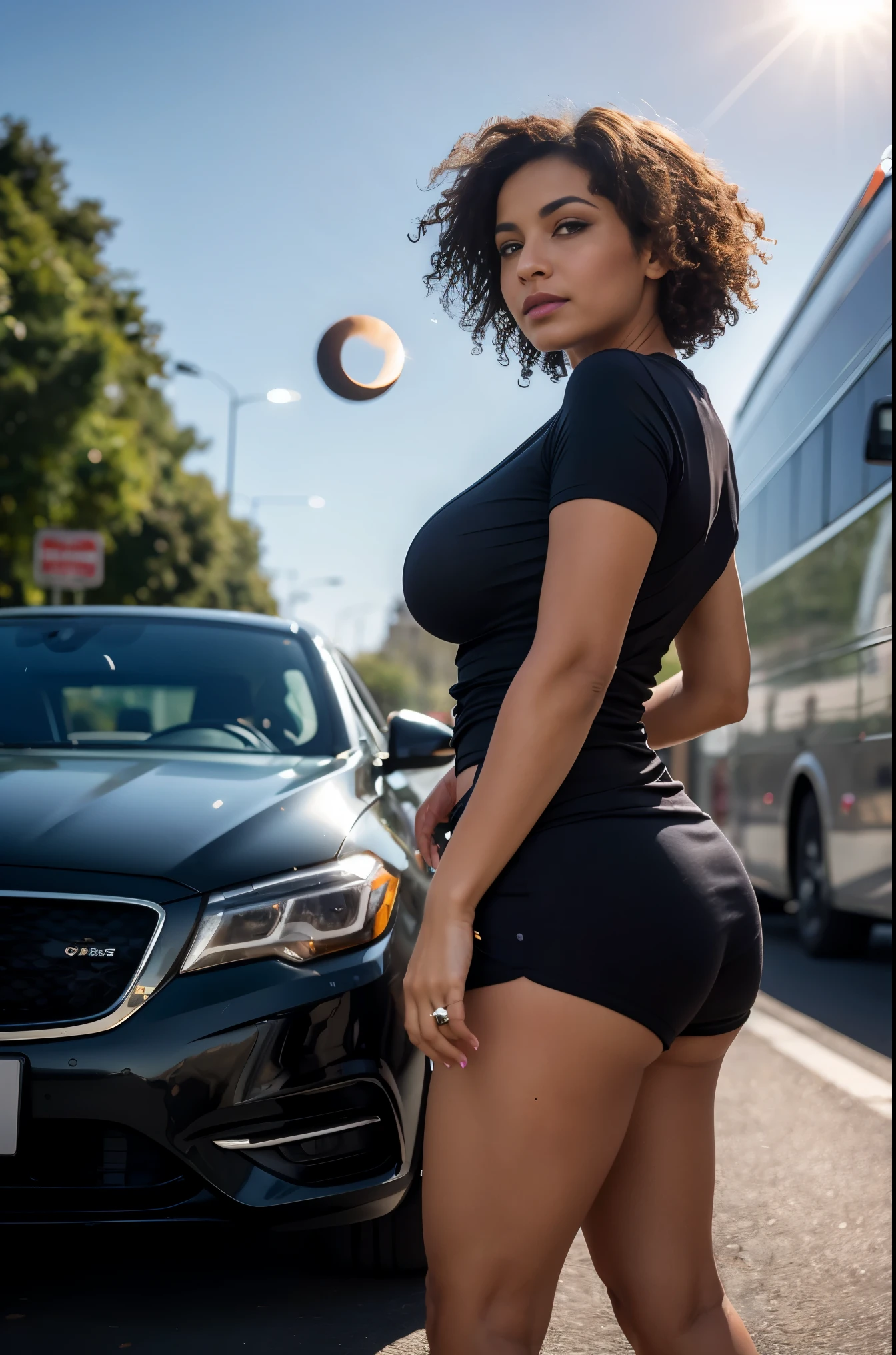 (best qualityer,realisitic:1.2), Colombian mature curly haired busty lady, stopped in the middle of traffic, looking at the solar eclipse, dress with shorts 70&#39;s style, transparent bra, oil painting, swirly vibrant colors, dreamatic lighting, Urban context, busy street, intense atmosphere, naturalistic rendering, detailed facial expression, mesmerizing gaze