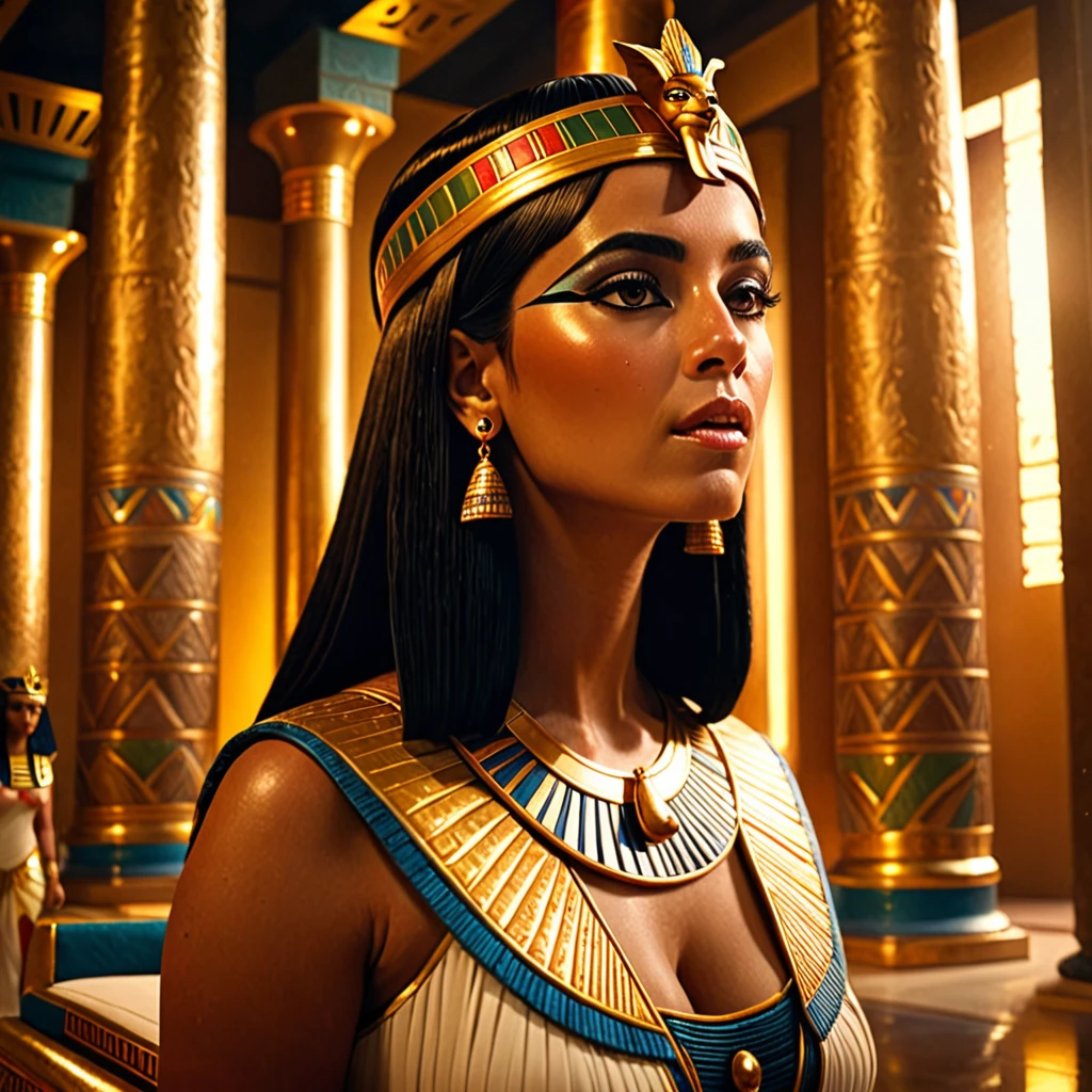 (bust:1.4), Low - Angle:1.4, Cleopatra, Beautiful woman with long dark hair puts a donut in her mouth and eats it, Detailed face, Deep Eyes, ふっくらAnd唇, Wearing a gold crown, Luxurious ancient Egyptian palace interior, Dramatic lighting, A gorgeous column, rich fabric, (Highest quality,4K,8k,High resolution,masterpiece:1.2),Very detailed,(Realistic,photoRealistic,photo-Realistic:1.37),Intricate details,Cinema Lighting,Chiaroscuro,Dramatic Shadows,Warm color palette,Dramatic Pose, Beautiful Egyptian Queen,Hall々And,elegant,Majestic