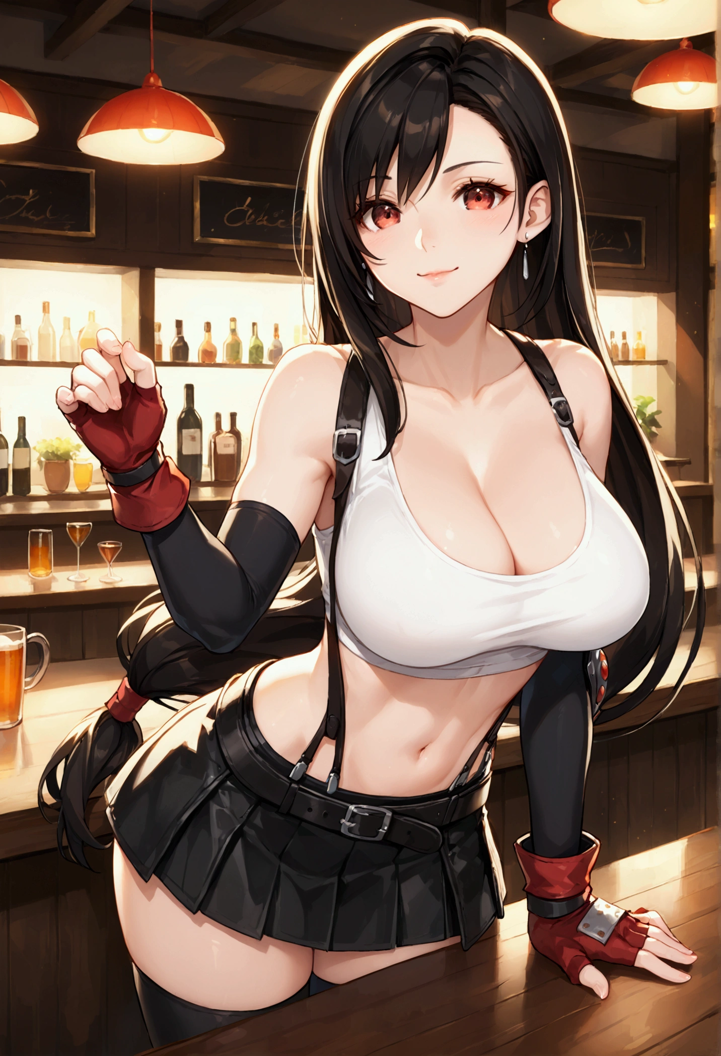 (score_9, score_8_up, score_7_up), BREAK (masterpeace),(best quality),(aesthetic,very aesthetic),1girl, tifa lockhart, final fantasy,(beautiful). black hair, low-tied long hair, red eyes, bangs, white tank top,gap, belt, pleated skirt, thighhighs, elbow fingerless gloves, elbow pads, midriff, navel,suspender skirt.zettai ryouiki ,,(large_breasts:1.3),Solo,upperbody,looking_at_viewer, vibrant, joyful,cafe and bar,(Emphasize the cleavage)、 (hand on counter) ,Showcasing cleavage:1.3 ,breast press:1.2 ,counter,(straight-on),breast focus,