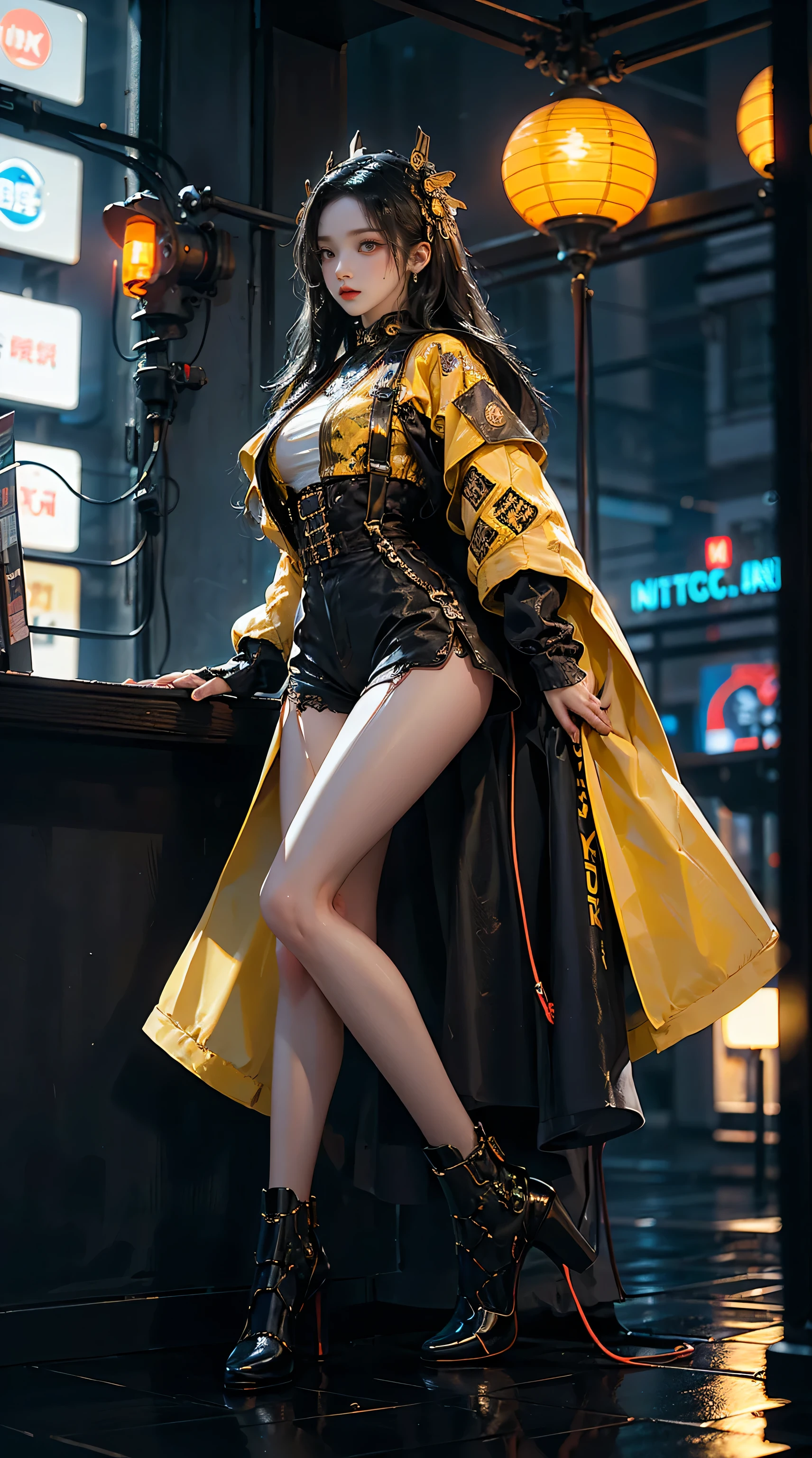 masterpiece,best quality,high resolution, 1 girl,from below,(매우 얇고 straight legs),,(매우 long legs,straight legs),,high heel,long legs,stand on all fours, 정면에서 보면 long legs, perfect body,with perfect legs,(Exterior),Telegraph slang,cyberpunk figures,dynamic pose,1 girl,Exquisite eyes,brown eyes,eye shadow,to put on make up,long gray hair, detailed face, detailed eyes, looking at viewer, blusher\(to put on make up\), plump lips, red lip,(long gray hair:1.3), (stand on all fours)Mechanically static,Summon Mech,(headdress:1.1),headgear,((((short yellow jacket,ultra shorts)))),(black lace stockings,stocking suspenders),city,Luminous winding,Holding a long sword in his hand,weapon,Cyberpunk Lighting:1.1),neon lights,Completely mechanical and futuristic elements,technology,배경은 중국 전통 distance,Chinatown, distance, sky sky, cyberpunk figures, lantern, Neon Super Resolution,(realism:1.3),1(slim:1.2),dramatic lighting,vivid details,classy cyberpunk,complex background,Rendering with high octane,