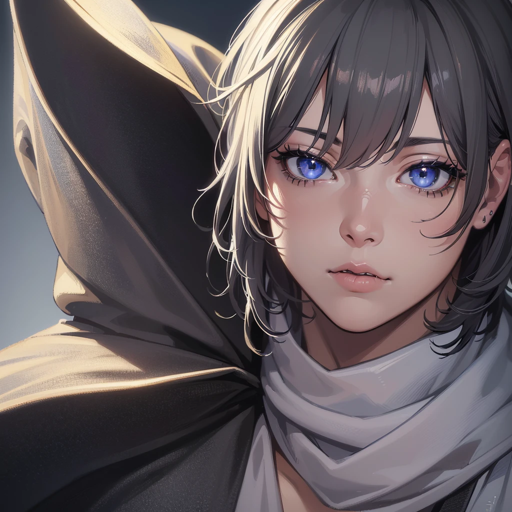 (best quality,4k,8k,highres,masterpiece:1.2),ultra-detailed,(realistic,photorealistic,photo-realistic:1.37),highly detailed anime boy,beautiful detailed eyes,beautiful,extremely detailed eyes,dramatic lighting,vivid colors,vibrant,chiaroscuro,cinematic composition,epic scale,stunning details, a scarf covering his mouth, short black and grey hair