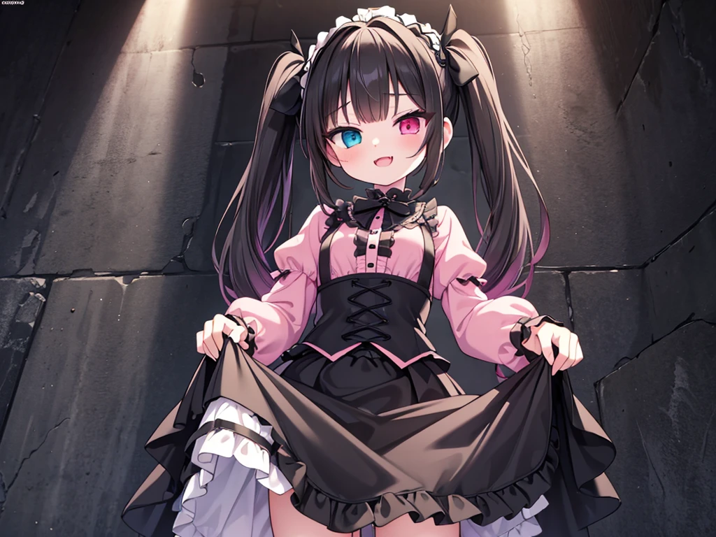 masterpiece, best quality,
nsfw, (alley, wall, dark background), (from below),
(gothic lolita, pink shirt), (standing, skirt lift), black hair, twintail, (heterochromia), lips, eyeliner, (evil smile), open mouth, half closed eyes, (vagina), (pussy juice),