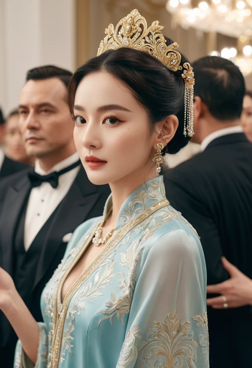 A group of wealthy people from all over the world Attend an auction., , masterpiece, Official Art, 8K, best quality, Very detailed, Exquisite facial features, Perfect face, Glowing skin, , 1. A group of rich people:1.2, Attend, auction:1.2.