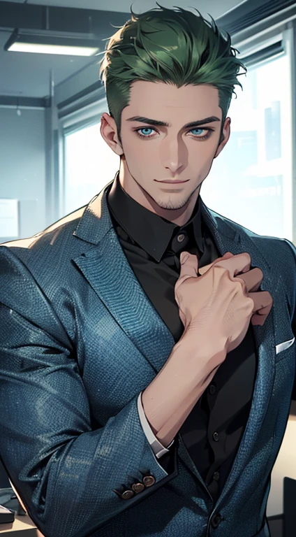 (best quality,4k,8k,highres,masterpiece:1.2),ultra-detailed,(realistic,photorealistic,photo-realistic:1.37),1 man,31 years old,mature man,very handsome,without expression,smile,short green hair,blue eyes,penetrating gaze,perfect face without errors,imposing posture,businessman,office background,cinematic lighting,hdr image