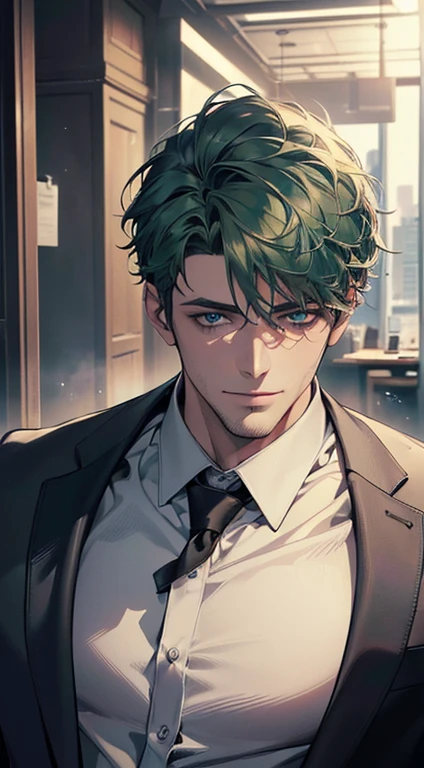 (best quality,4k,8k,highres,masterpiece:1.2),ultra-detailed,(realistic,photorealistic,photo-realistic:1.37),1 man,31 years old,mature man,very handsome,without expression,smile,short green hair,blue eyes,penetrating gaze,perfect face without errors,imposing posture,businessman,office background,cinematic lighting,hdr image