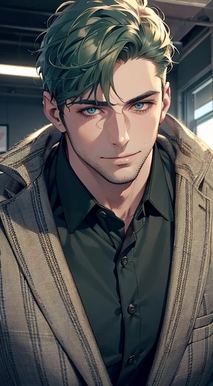 (best quality,4k,8k,highres,masterpiece:1.2),ultra-detailed,(realistic,photorealistic,photo-realistic:1.37),1 man,31 years old,mature man,very handsome,without expression,smile,short green hair,blue eyes,penetrating gaze,perfect face without errors,imposing posture,businessman,office background,cinematic lighting,hdr image