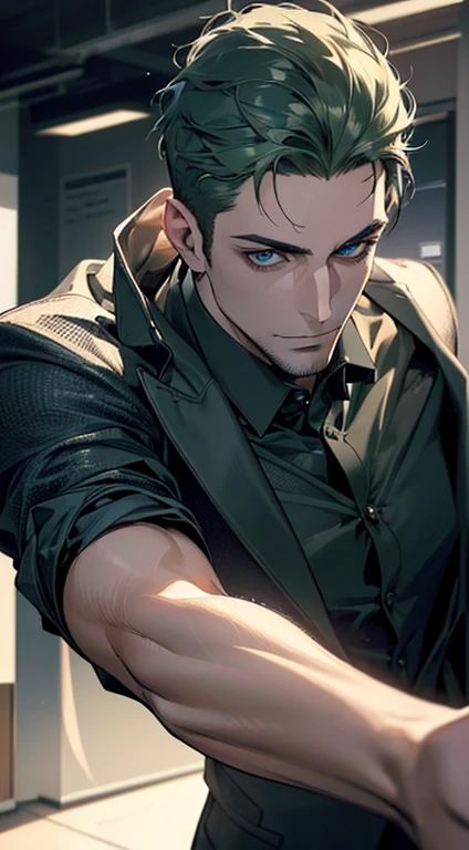 (best quality,4k,8k,highres,masterpiece:1.2),ultra-detailed,(realistic,photorealistic,photo-realistic:1.37),1 man,31 years old,mature man,very handsome,without expression,smile,short green hair,blue eyes,penetrating gaze,perfect face without errors,imposing posture,businessman,office background,cinematic lighting,hdr image