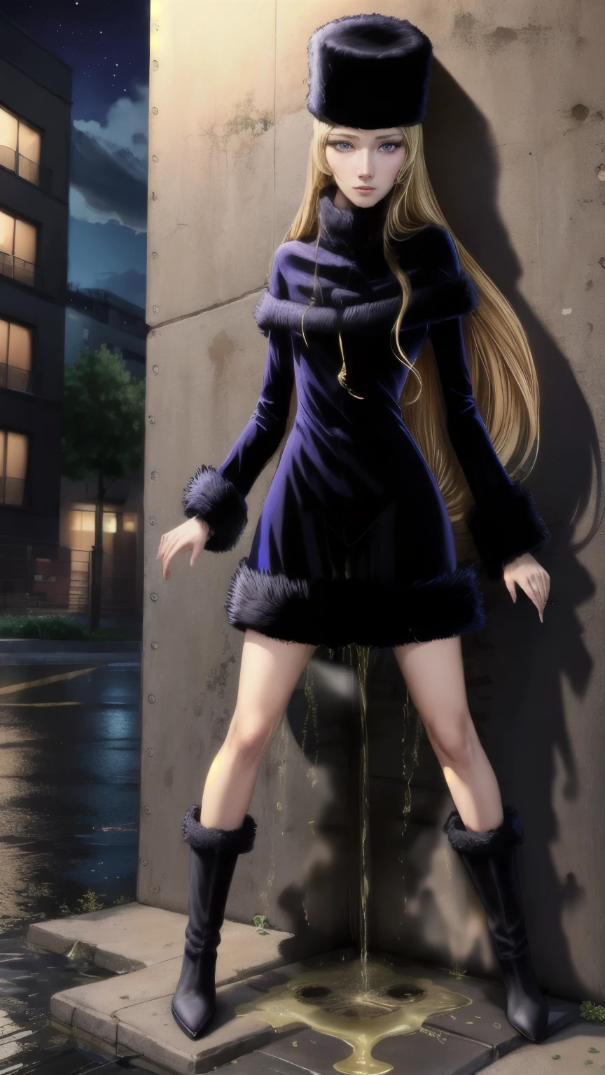 best quality, masterpiece, high resolution, extremely detailed, intricate details, (frontal photography, view from below), looking at the camera,
solo, a beautiful woman, (maetel, long hair, blonde hair, fur-trim, black-headwear, fur-hat, long-sleeves dress, black heel boots:1.5),
detailed face, detailed eyes, sophisticated nose, fine-textured skin, pale skin,
(standing with spread legs apart, straddling a flower pot:1.2), (peeing self, urination:1.5),(pee puddle),
photo background, outdoors, sidewalk, night,