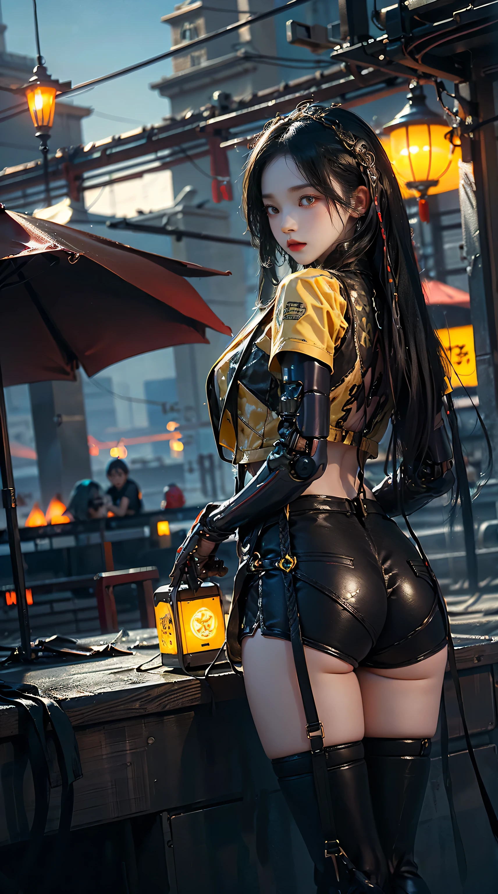 masterpiece,best quality,high resolution, 1 girl,from below,(매우 얇고 straight legs),,(매우 long legs,straight legs),,high heel,long legs,stand on all fours, 정면에서 보면 long legs, perfect body,with perfect legs,(Exterior),Telegraph slang,cyberpunk figures,dynamic pose,1 girl,Exquisite eyes,brown eyes,eye shadow,to put on make up,long gray hair, detailed face, detailed eyes, looking at viewer, blusher\(to put on make up\), plump lips, red lip,(long gray hair:1.3), (stand on all fours)Mechanically static,Summon Mech,(headdress:1.1),headgear,((((short yellow jacket,ultra shorts)))),(black lace stockings,stocking suspenders),city,Luminous winding,Holding a long sword in his hand,weapon,Cyberpunk Lighting:1.1),neon lights,Completely mechanical and futuristic elements,technology,배경은 중국 전통 distance,Chinatown, distance, sky sky, cyberpunk figures, lantern, Neon Super Resolution,(realism:1.3),1(slim:1.2),dramatic lighting,vivid details,classy cyberpunk,complex background,Rendering with high octane,