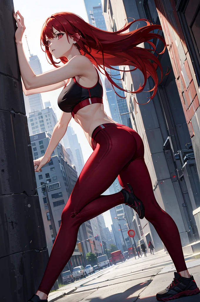 1woman, red hair, red eyes, tall, yoga pants, sports bra, standing on ground, high res, ultra sharp, 8K, masterpiece