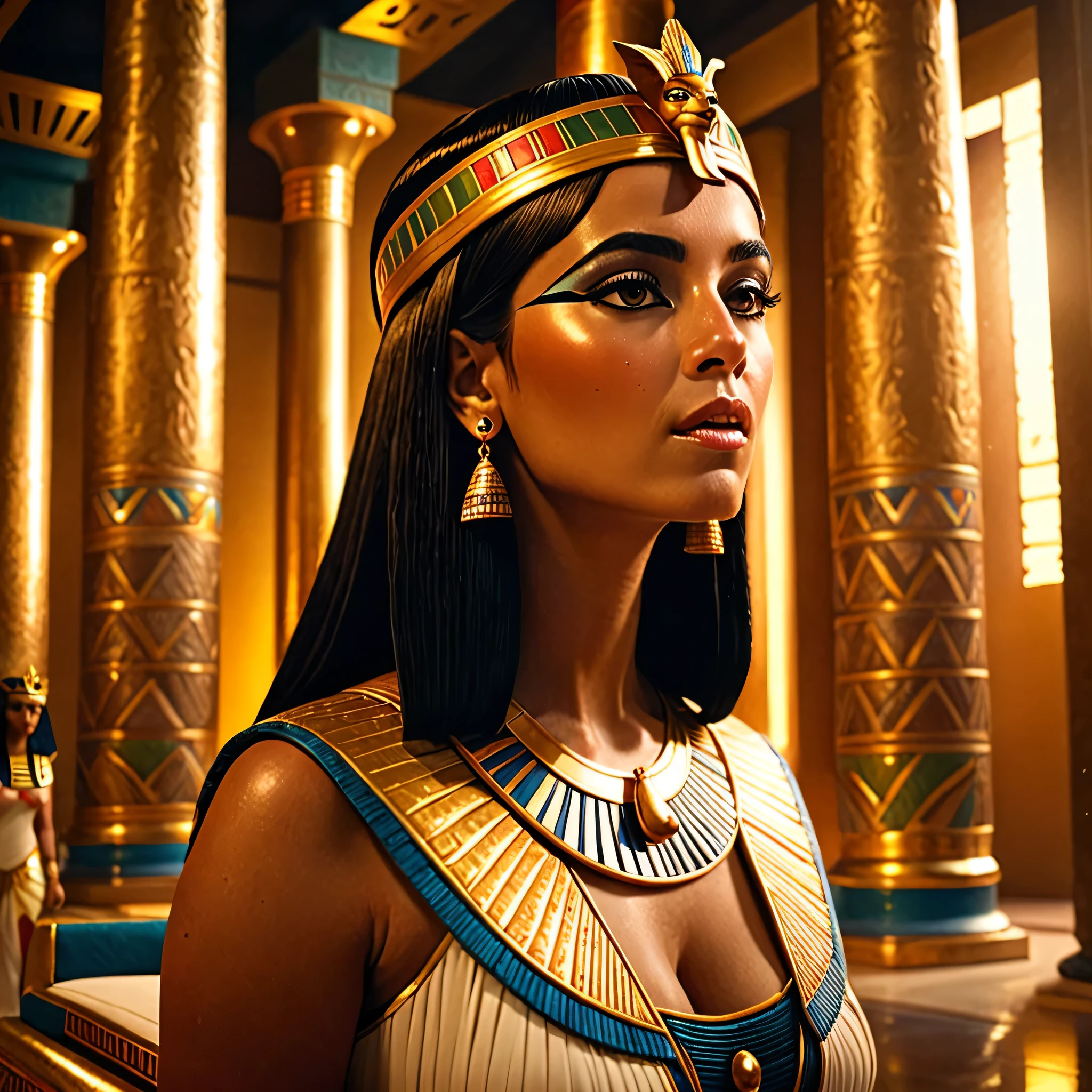 (bust:1.4), Low - Angle:1.4, Cleopatra, Beautiful woman with long dark hair puts a donut in her mouth and eats it, Detailed face, Deep Eyes, ふっくらAnd唇, Wearing a gold crown, Luxurious ancient Egyptian palace interior, Dramatic lighting, A gorgeous column, rich fabric, (Highest quality,4K,8k,High resolution,masterpiece:1.2),Very detailed,(Realistic,photoRealistic,photo-Realistic:1.37),Intricate details,Cinema Lighting,Chiaroscuro,Dramatic Shadows,Warm color palette,Dramatic Pose, Beautiful Egyptian Queen,Hall々And,elegant,Majestic