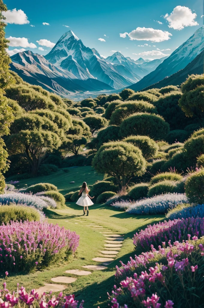 Naked prince from behind whit a Victorian lady with tiara appropriate for the era. He and she are in a Victorian garden with many blooming hydrangea flowers on a cobblestone alley, and in the distant background, there are woods and mountains