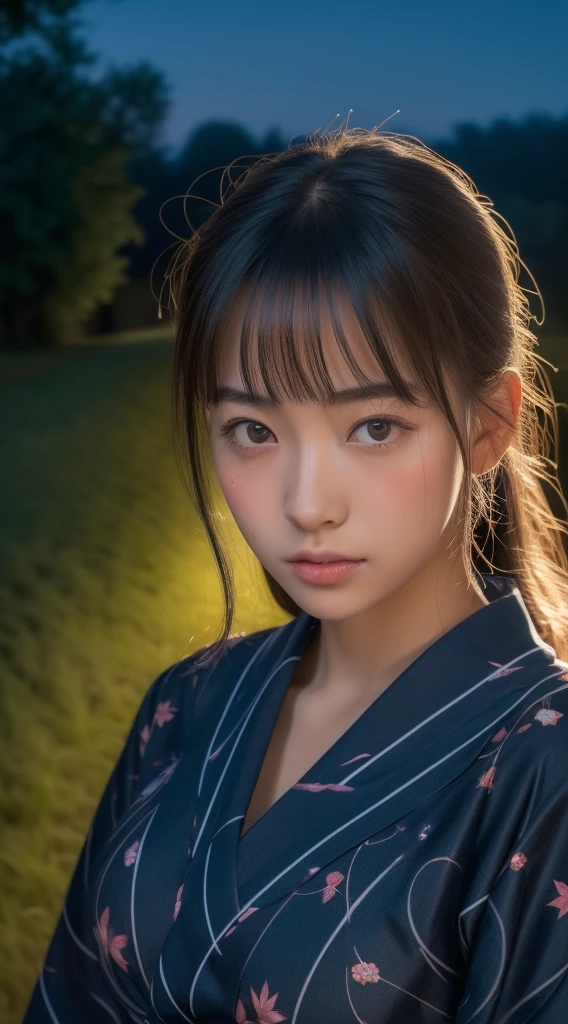 ((Night road in the countryside:1.5))、Fireworks are set off in the sky、((Young woman in yukata:1.3))、(​masterpiece、top-quality) 、Soft lighting、absolutely outstanding image, very extremely beautiful、​masterpiece, top-quality,Photos, kawaii、(Colossal tits:1.2)、20 year old girl、(The skin is reddened:1.3)、Young adorable Japan face, dewy skin, close up of face, Young Face, soft portrait shot 8 k, If々Shishi Japan girl realistic young idol、Young cute gravure idol、Young Sensual Gravure Idol、Young gravure idolodel in Japan