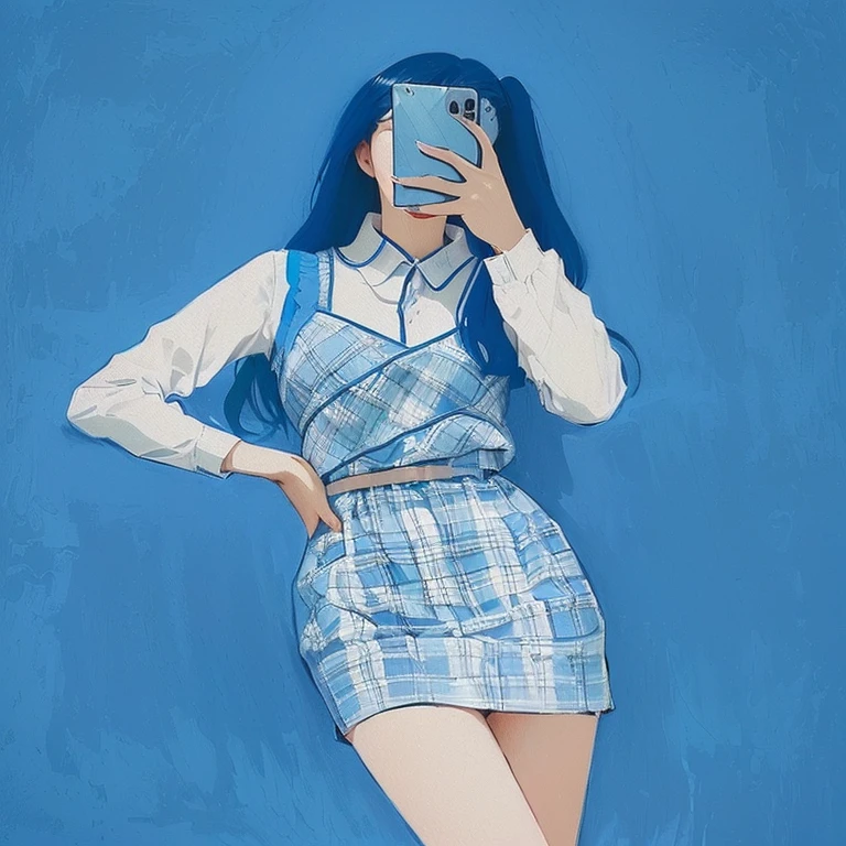 a woman in a plaid dress taking a selfie with her phone, blue clothes, illustration style, blue outfit, blue clothing, y2k aesthetic, y 2 k aesthetic, drawing style, lofi girl aesthetic, ((blue)), with a blue background, 2 d illustration, 2d illustration, aesthetic!!!!!!!!!!, beautiful drawing style, anime aesthetic, only with blue