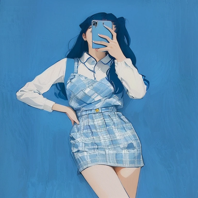 a woman in a plaid dress taking a selfie with her phone, blue clothes, illustration style, blue outfit, blue clothing, y2k aesthetic, y 2 k aesthetic, drawing style, lofi girl aesthetic, ((blue)), with a blue background, 2 d illustration, 2d illustration, aesthetic!!!!!!!!!!, beautiful drawing style, anime aesthetic, only with blue