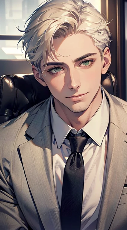 (Highest quality,4K,8K,High resolution,masterpiece:1.2),Super detailed,(Realistic,photoRealistic,photo-Realistic:1.37),1 person,34 years old,Mature Men,Beautiful skin、very handsome,Expressionless smile in love,Short white hair,green eyes,Sharp Eyes,A perfect face without a doubt,Businessman, CEO, Office Background,Cinema Lighting,HDR image,tie、