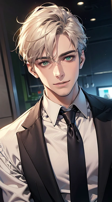 (Highest quality,4K,8K,High resolution,masterpiece:1.2),Super detailed,(Realistic,photoRealistic,photo-Realistic:1.37),1 person,34 years old,Mature Men,Beautiful skin、very handsome,Expressionless smile in love,Short white hair,green eyes,Sharp Eyes,A perfect face without a doubt,Businessman, CEO, Office Background,Cinema Lighting,HDR image,tie、