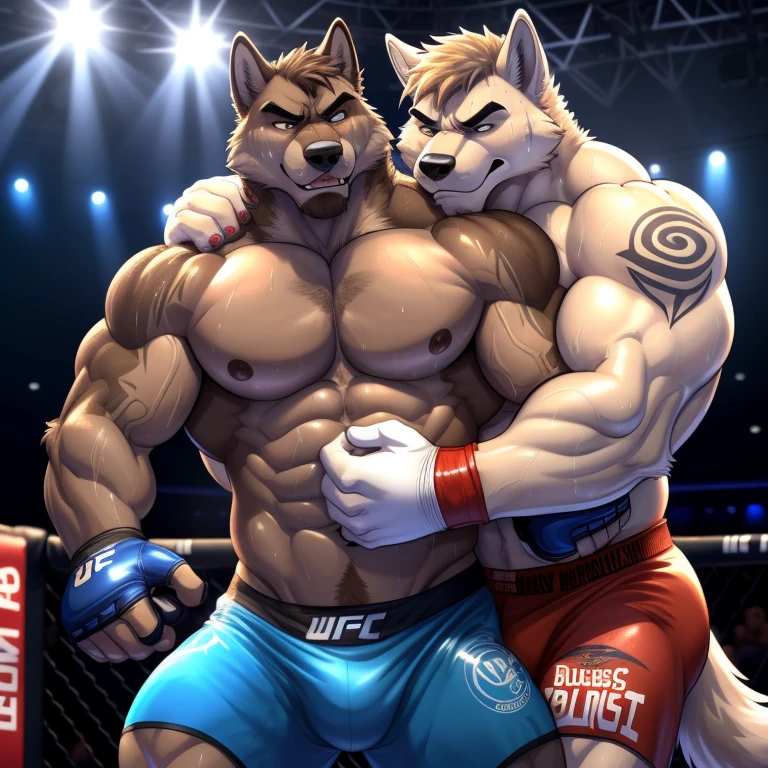 Duo male(Gray Wolf vs Brown Wolf, handsomes, handsome hairstyle, tails, Thick eyebrows, detailed face), gay(Clinch embraced, body with body, on a UFC match), hot(Shirtless), handsomes(They are handsomes, correct anatomy), musculosos(Big muscle bodies, Six packs, muscle abs, big pecs, muscle backs, muscle legs), sweaty(very sweaty wet bodies, shiny sweat), tatuajes(they have tattoos), grumpy(Both have an grumpy expression, grumpy teeths, steaming breath), UFC gloves(They both are wearing UFC gloves), UFC boxers(they both are wearing ufc boxers), Hight resolution, by(Zourik:1.1)