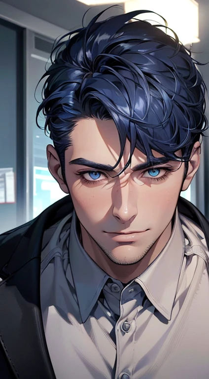 (best quality,4k,8k,highres,masterpiece:1.2),ultra-detailed,(realistic,photorealistic,photo-realistic:1.37),1 man,31 years old,mature man,very handsome,without expression,smile,short blue hair,blue eyes,penetrating gaze,perfect face without errors,imposing posture,businessman,office background,cinematic lighting,hdr image
