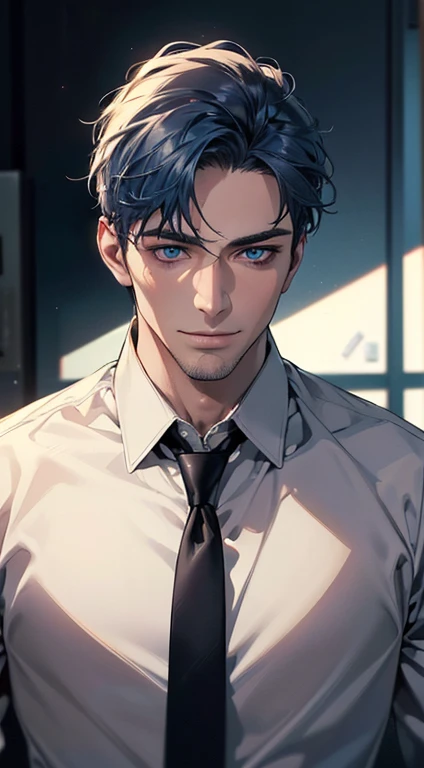 (best quality,4k,8k,highres,masterpiece:1.2),ultra-detailed,(realistic,photorealistic,photo-realistic:1.37),1 man,31 years old,mature man,very handsome,without expression,smile,short blue hair,blue eyes,penetrating gaze,perfect face without errors,imposing posture,businessman,office background,cinematic lighting,hdr image