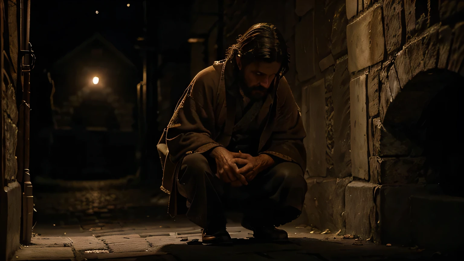 At night, on a cobblestone street in Israel, a middle-aged man with brown hair, Jairus, kneels at the feet of Jesus, with an expression of great concern and tears in his eyes. The scene is illuminated by the dim light of a single candle, creating an atmosphere of chiaroscuro and drama. Jairus is dressed in a tattered brown robe and his appearance is aged and worn, reflecting his distress. The stone street and rough stone walls in the background evoke an austere, historical setting. Dramatic lighting and intense shadows highlight the intricate details of her face and hands, capturing her fervent plea in a high-resolution (4k, 8k) cinematic composition that emulates the quality of a Renaissance masterpiece painted in oils. Skin tones are natural and facial features are highly detailed, with realism and photorealism that accentuate the emotion of the moment.