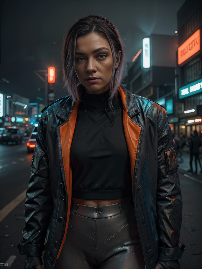 Realistic photo of a Man in the middle of cyberpunk city Street:1.5, Shadow play, mist, moody, glossy short ash gray hair, orange tech jacket, red iris eyes, vivid, red, cream, brown, green, neon light, purple neon, blue neon, red neon,, Film light, Hyper detailed, Hyper realistic, masterpiece, atmospheric, High resolution, Vibrant, High contrast, dark angle, art by Koos Roos, 8k, HDR, 500px