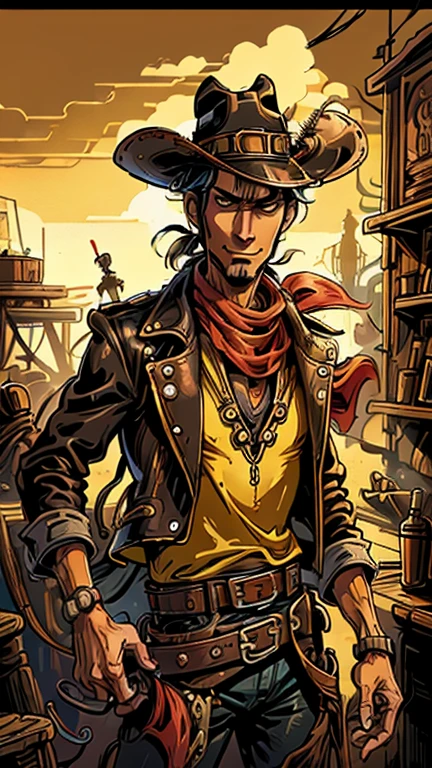 (1man, Lucky luke, yellow top, black jacket, jean, cowboy hat, red bandana), (extremely detailed CG unit 8k wallpaper),(master part), (best quality), (ultra detail), (best illustration),(melhor ombre), cowboy shot, (Sharp eyeliner, ombre, detail eyes:1), steampunk  style wild west saloon interiors background, ,break , (SteampunkAI), upper body, short hair, black hair