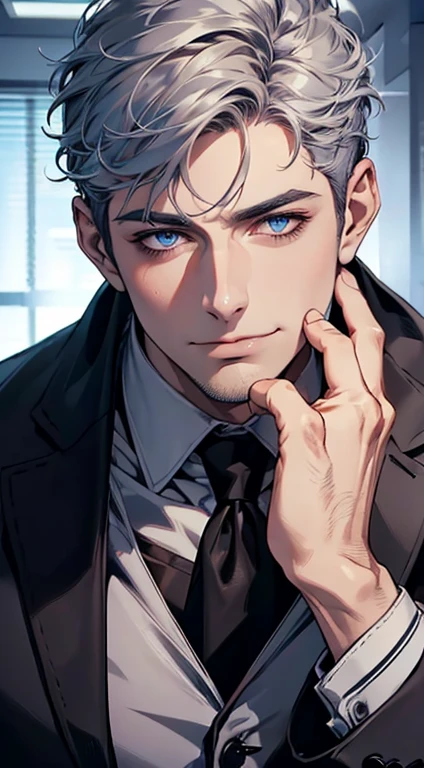 (best quality,4k,8k,highres,masterpiece:1.2),ultra-detailed,(realistic,photorealistic,photo-realistic:1.37),1 man,31 years old,mature man,very handsome,without expression,smile,short grey blue hair,blue eyes,penetrating gaze,perfect face without errors,imposing posture,businessman,office background,cinematic lighting,hdr image