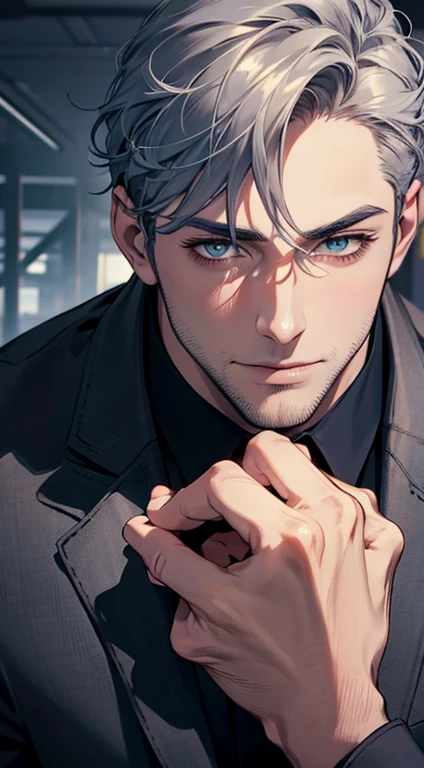 (best quality,4k,8k,highres,masterpiece:1.2),ultra-detailed,(realistic,photorealistic,photo-realistic:1.37),1 man,31 years old,mature man,very handsome,without expression,smile,short grey blue hair,blue eyes,penetrating gaze,perfect face without errors,imposing posture,businessman,office background,cinematic lighting,hdr image