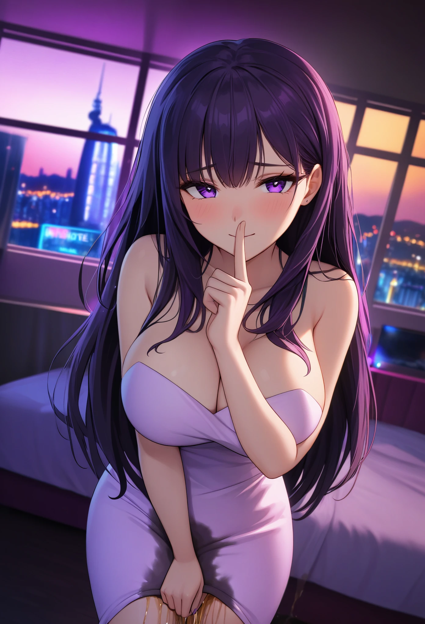 woman, very dark purple hair, purple eyes, long hair, large breasts, very long dress, very tight dress, standing, (wetting herself:1.5), best quality, ultra-detailed, HDR, studio lighting, professional, vivid colors, sharp focus, bokeh, landscape, love hotel, bed, night, window, cityscape, colorful city, neon lights, futuristic, science fiction, soft lighting, dynamic shadows, embarrassed, humiliation, blushing, naughty face, seductive expression, facing viewer, (shushing:1.5)