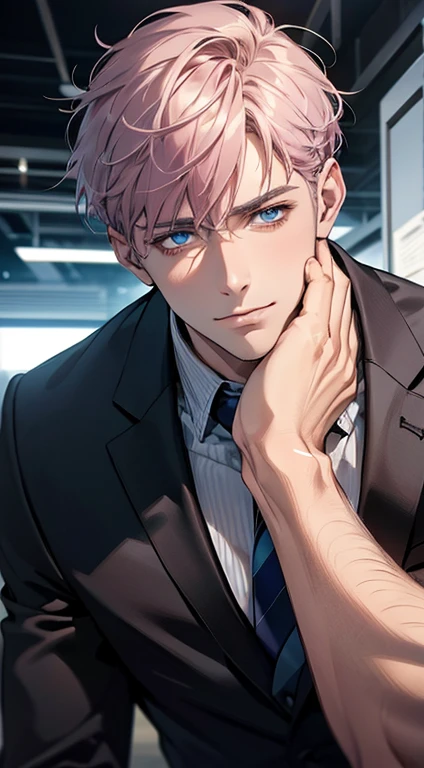 (best quality,4k,8k,highres,masterpiece:1.2),ultra-detailed,(realistic,photorealistic,photo-realistic:1.37),1 man,31 years old,mature man,very handsome,without expression,smile,short grey pink hair,blue eyes,penetrating gaze,perfect face without errors,imposing posture,businessman,office background,cinematic lighting,hdr image