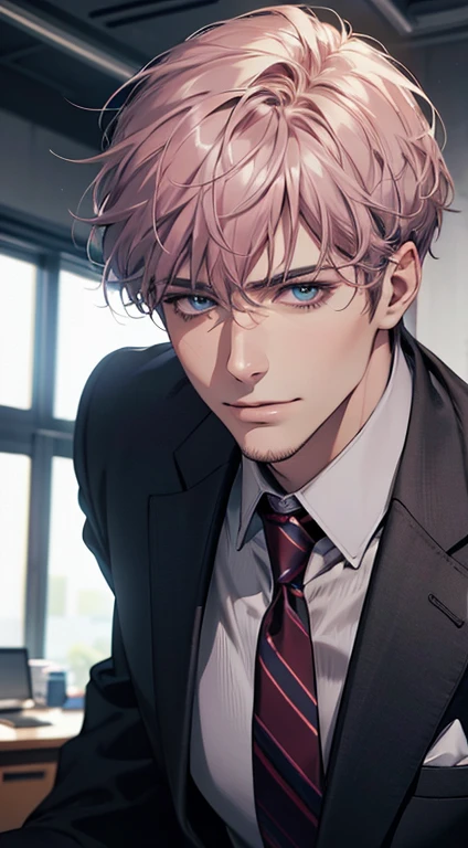 (best quality,4k,8k,highres,masterpiece:1.2),ultra-detailed,(realistic,photorealistic,photo-realistic:1.37),1 man,31 years old,mature man,very handsome,without expression,smile,short grey pink hair,blue eyes,penetrating gaze,perfect face without errors,imposing posture,businessman,office background,cinematic lighting,hdr image