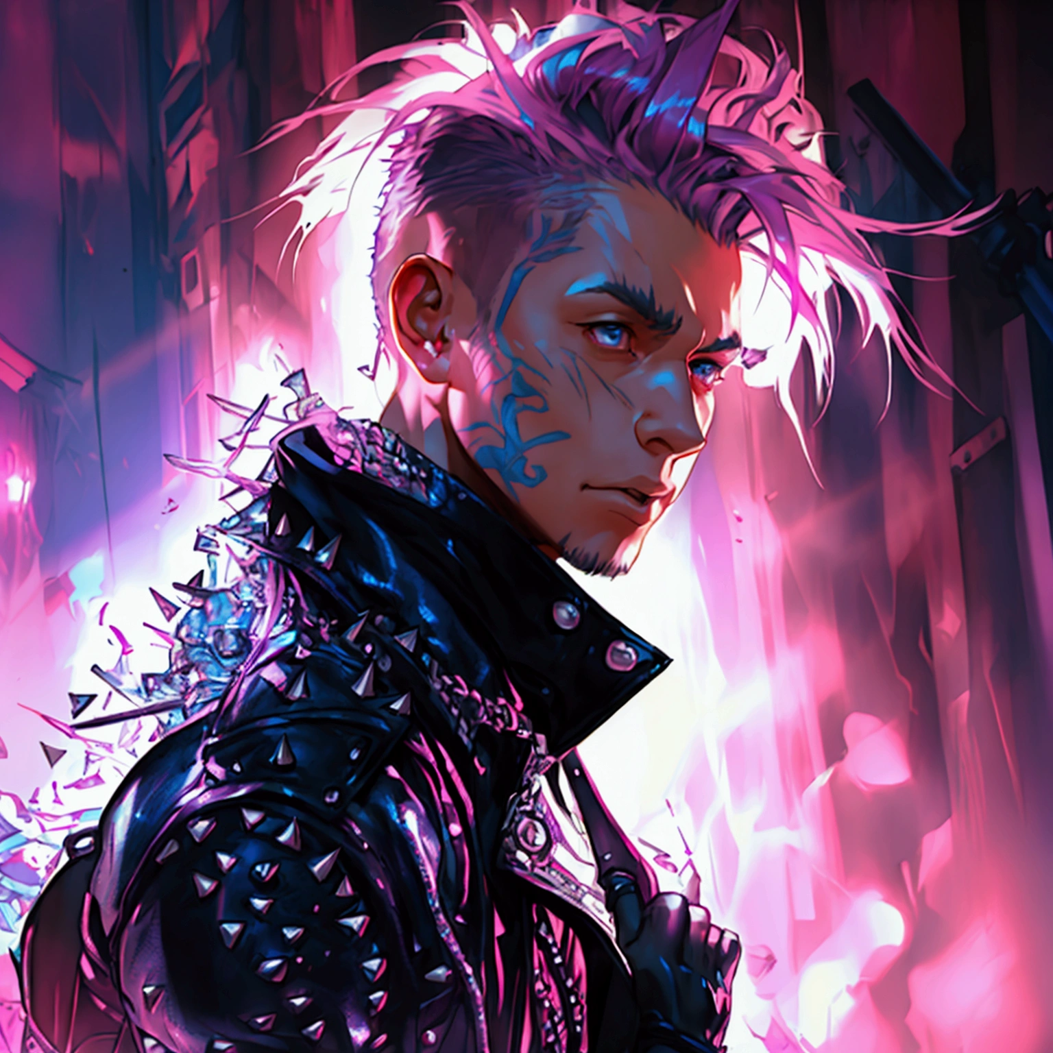 a young male with a pink and blue undercut, punk leather jacket with metal spikes, fingerless gloves, purple snakeskin pants, cowboy boots, detailed facial features, cinematic lighting, dramatic atmosphere, hyper-realistic, award-winning concept art, digital painting, 8k, HDR