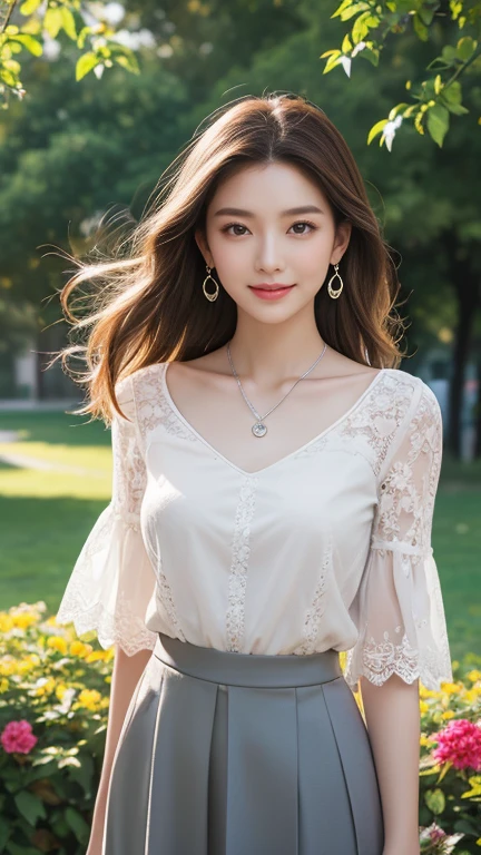 (Highest quality、 8k 、masterpiece、High resolution)、Young lovely woman、Ample breasts、Beautiful clavicle、Slender beauty、(Brown hair medium、My hair is blowing in the wind、Flows backwards)、whole body、 (Beautiful Face,Beautiful Eyes,Beautiful nose,Pretty lips)、(Earrings、silver heart pendant necklace)、(Feminine Style、3/4 Sleeve Lace Blouse、See-through long skirt)、Her mouth opens slightly and a smile appears.、Dynamic pose、Outdoor、(garden、Colorful flowers)、looking at the camera、Professional Lighting、Professional photographer、