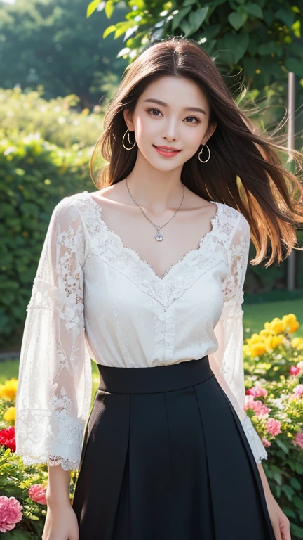 (Highest quality、 8k 、masterpiece、High resolution)、Young lovely woman、Ample 、Beautiful clavicle、Slender beauty、(Brown hair medium、My hair is blowing in the wind、Flows backwards)、whole body、 (Beautiful Face,Beautiful Eyes,Beautiful nose,Pretty lips)、(Earrings、silver heart pendant necklace)、(Feminine Style、3/4 Sleeve Lace Blouse、See-through long skirt)、Her mouth opens slightly and a smile appears.、Dynamic pose、Outdoor、(garden、Colorful flowers)、looking at the camera、Professional Lighting、Professional photographer、