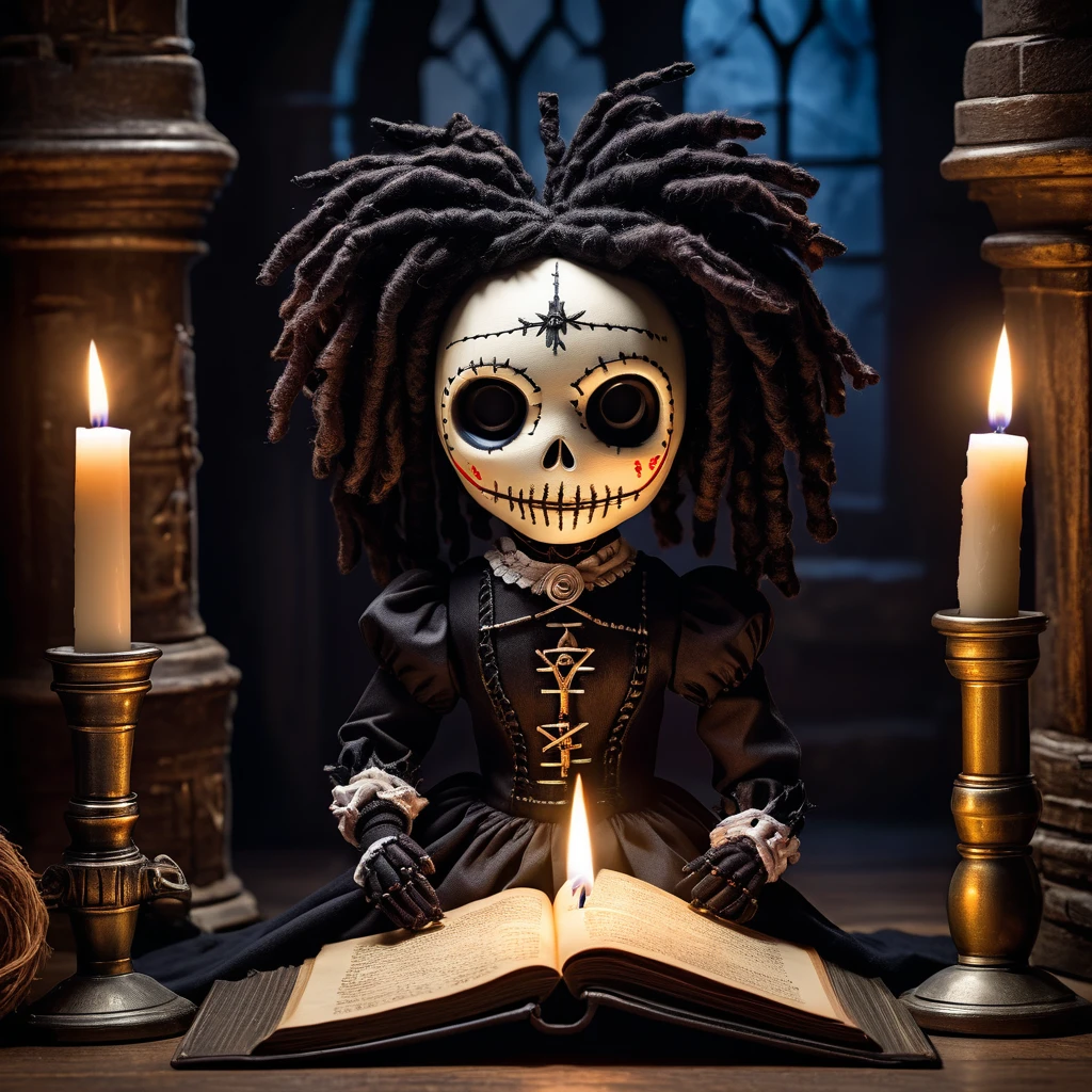 (knitted toy voodoo doll:1.9), (Voodoo Doll in a Gothic Castle:1.5), (Clothing: medieval attire with dark lace and silver accents:1.0), (Accessories: enchanted candle emitting a ghostly light, floating ancient spellbook:1.2), (background: eerie castle hall with flickering torches and shadowy figures:1.2), best quality, masterpiece, detailed soft oil painting, detailed background, dramatic cinematic lighting, soft edge lighting, professional, dramatic lighting, hard edge lighting, ultra quality, 4k, masterpiece, best quality, 8k, ultra high definition, high resolution, extremely detailed