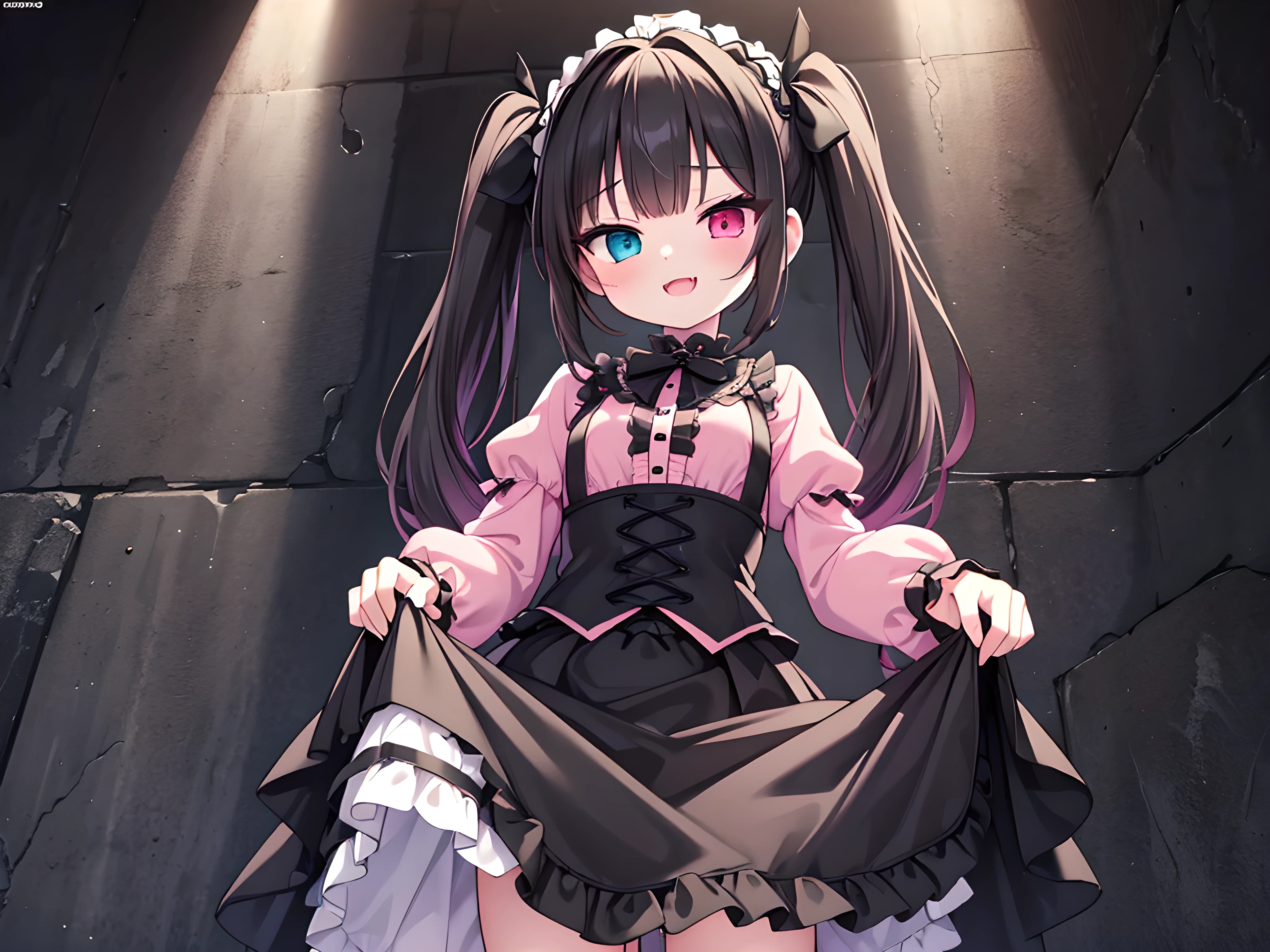 masterpiece, best quality,
nsfw, (alley, wall, dark background), (from below),
(gothic lolita, pink shirt), (standing, skirt lift), black hair, twintail, (heterochromia), lips, eyeliner, (evil smile), open mouth, half closed eyes, (vagina), (pussy juice),