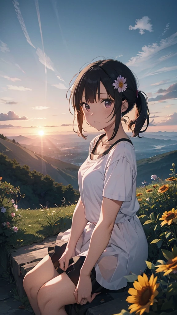 There is a mountain, there are many flowers on it, it is sunset, it is sunny, there is a couple sitting on the mountain, the couple is wearing short clothes. Moody color, Anime look, 