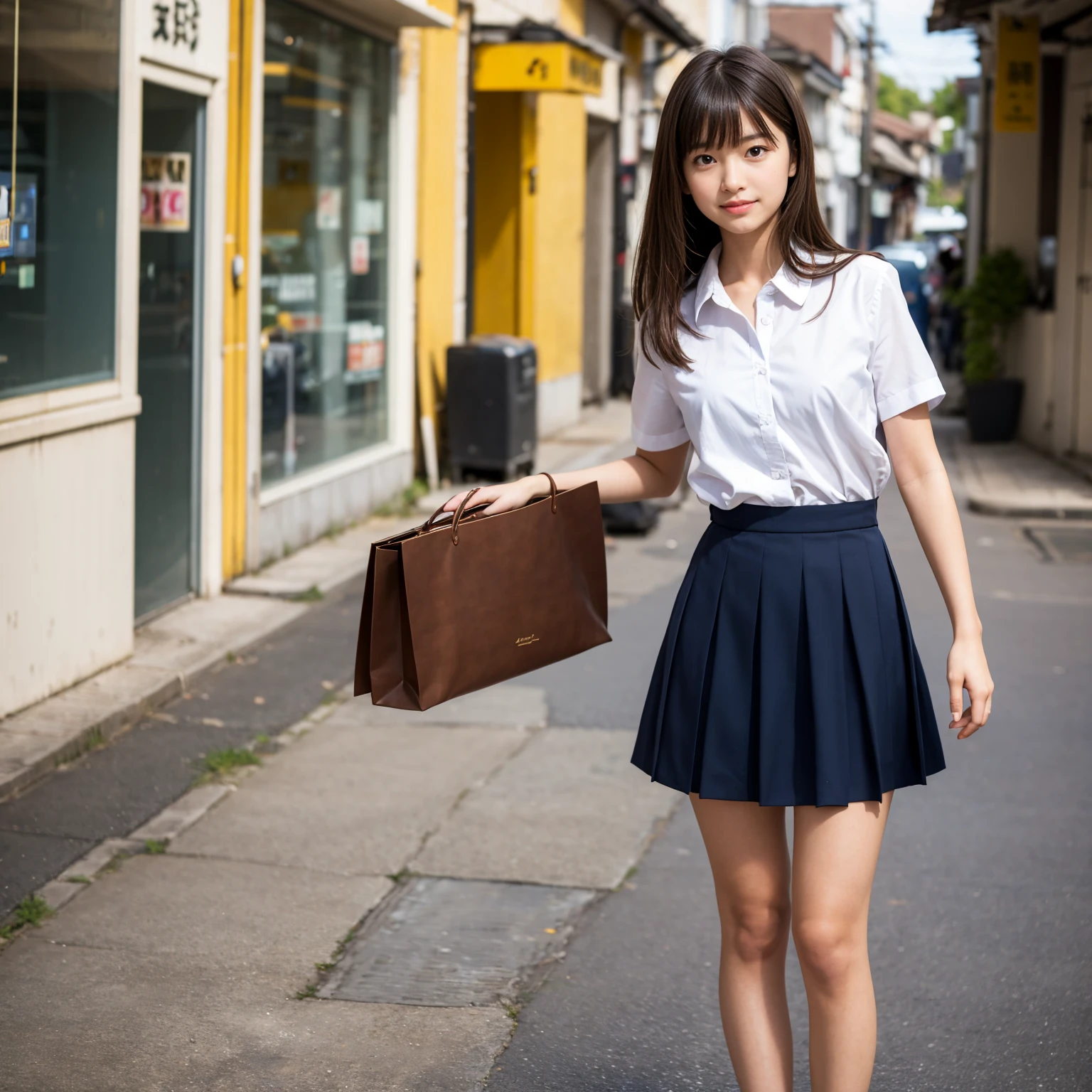 ((Full Body Shot:1.4)),Are standing,Highest quality, Soft Light, Ultra-high resolution, (Realistic:1.4), RAW Photos, 1 Japanese girl, (),alone, cute, (A shy smile:0.5), (Brown eyes, Light in your eyes), Beautiful face in every detail, ,(High resolution detail of human skin texture), Short shiny smooth light brown hair, Asymmetrical bangs , break, In the shopping district,(school uniform),