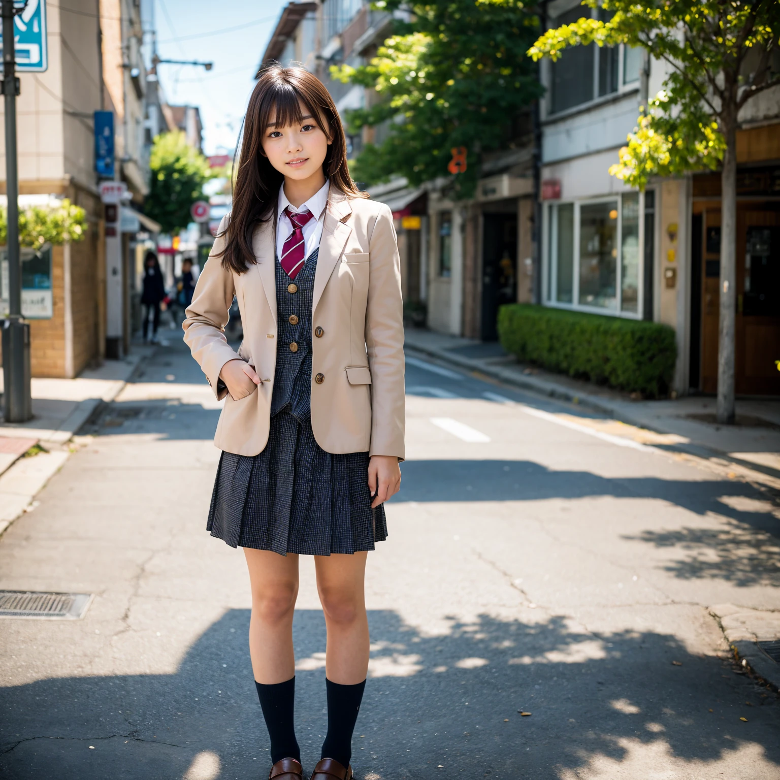 ((Full Body Shot:1.4)),Are standing,Highest quality, Soft Light, Ultra-high resolution, (Realistic:1.4), RAW Photos, 1 Japanese girl, (14 years old),alone, cute, (A shy smile:0.5), (Brown eyes, Light in your eyes), Beautiful face in every detail, ,(High resolution detail of human skin texture), Short shiny smooth light brown hair, Asymmetrical bangs , break, In the shopping district,(school uniform),
