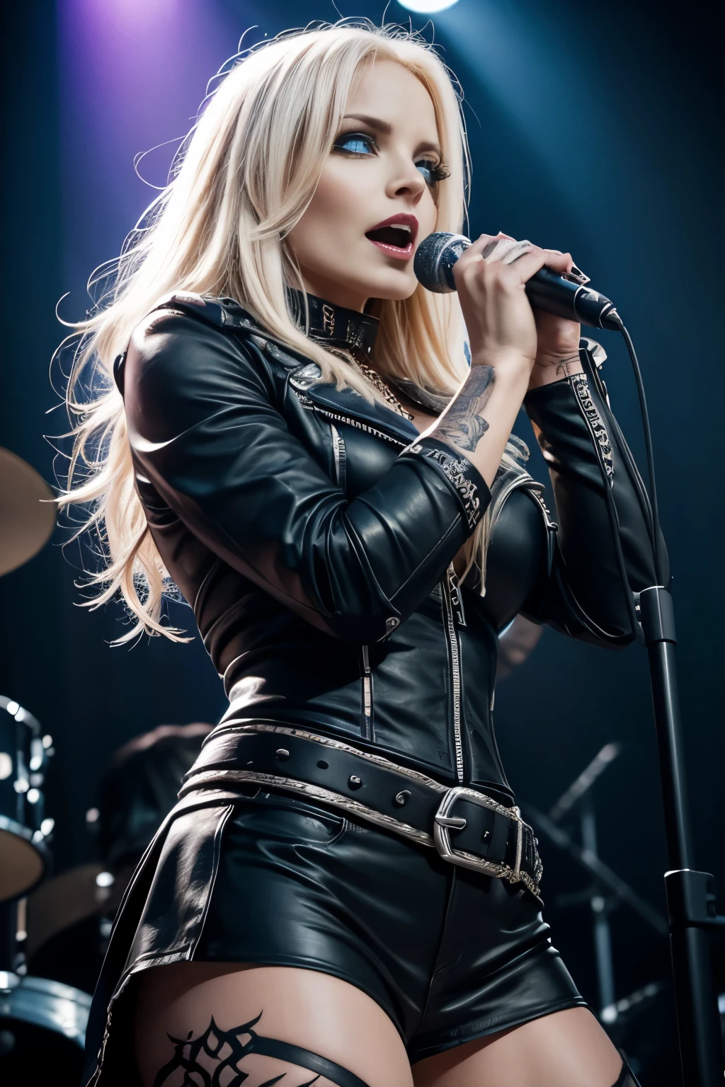 doro pesch, break, 8K, Best Quality, 1girl, (skindentation), Night, (Dark), outdoor, Gorgeous,, (Metalhead style:1.3),Soft Lighting, Attractive, on stage, (Mouth Closed, Beautiful Eyes, Detailed Eyes, Detailed Iris, Beautiful Lips, Beautiful Nose, Beautiful Face), upper body, hands up, front view, perfect body, wacken open air