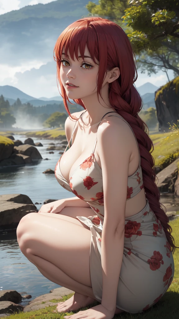 ((masterpiece, Best Quality, high resolution, Perfect Pixel, 8K))), 1 girl、medium thighs、full body seen、 ((Red gorgeous hairs))、(( Beautiful eyelashes、Realistic eyes))、 ((Detailed face, Blushing:1.2))、((Smooth texture:0.75, Realistic texture:0.65, Photorealistic:1.1, Anime CG style))、Seen from front、Dynamic Angle、(Wearing red and white line printed top、gorgeous top、perfect fitting top、perfect skirt、red salong skirt、beautiful dress、Sexy straps、Lace satin、Mini dress、Beautiful pink trees、sitting in a river stream、One knee down、hands on hairs、Looking somewhere for pose、beautiful river stream、beautiful foggy appearance、water waves、 river stream、lightning background、Waterfall、Beautiful feet、beautiful mountains、Beautiful lightening、perfect posing、wind breeze、hands on her hairs waving、wavy hairs、walking forward)、Perfect realistic representation of face、seducing look at viewer、medium breasts、beautiful portrait、very High quality、ultra high definition、 insanely detailed face、ultra high quality、ultra high clarity、best quality)、insanely detailed dress、realistic representation of a face、beautiful curvious body、Beautiful feet、white skin、best image quality、best clarity、 highest resolution、8k resolution、ultra high resolution、beautiful smile、beautiful eyelashes、Gorgeous face、gorgeous representation of a face、perfect body、erotic face、dynamic lightning、shiny skin、bokeh:1.2、Full body shot、professional photograph